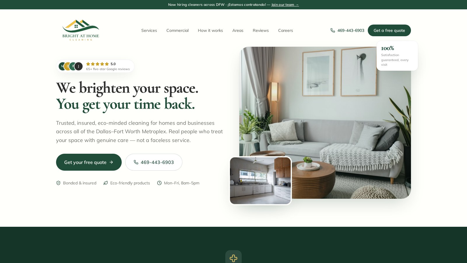 Bright at Home Cleaning homepage — We brighten your space. You get your time back.