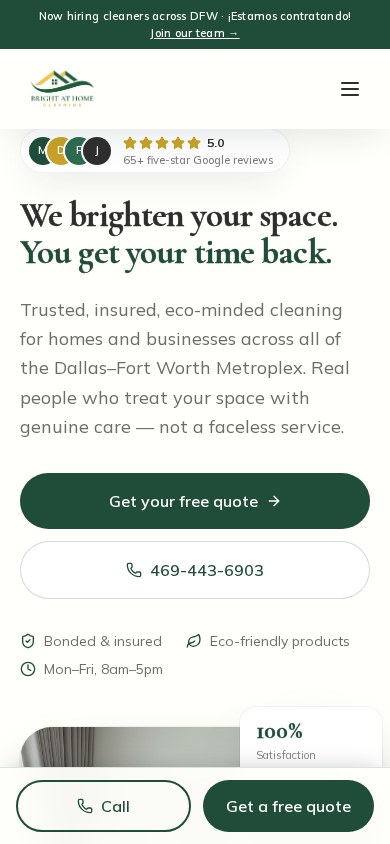 Bright at Home Cleaning — Mobile hero