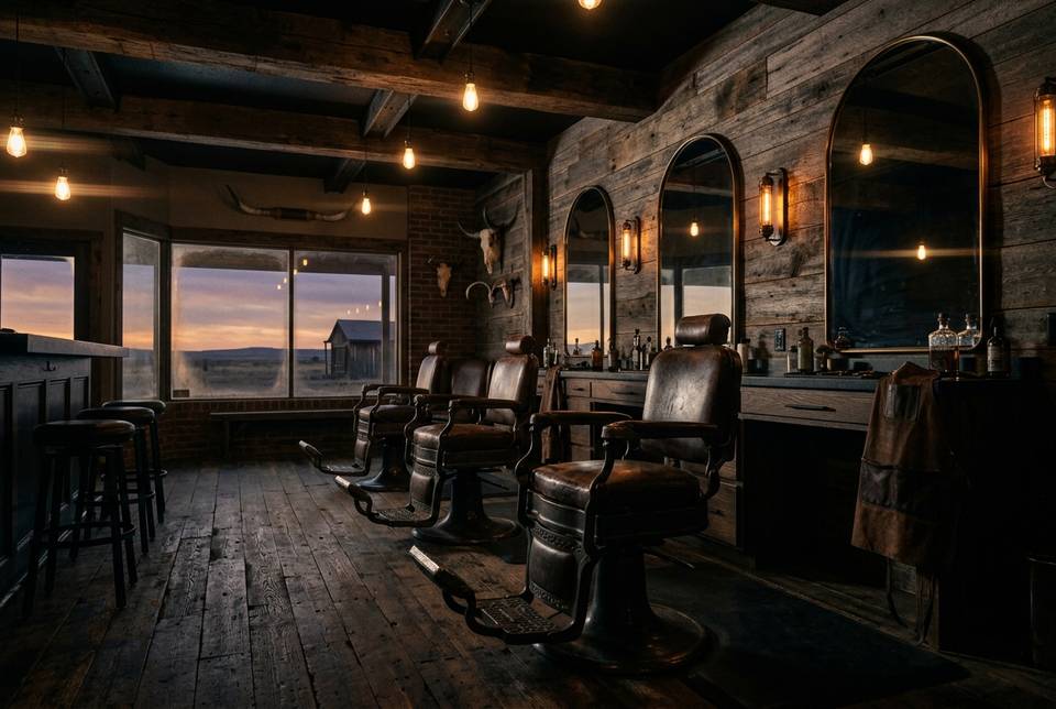 The Vault Barber Co. shop interior, leather chairs and a Texas sunset through the storefront window