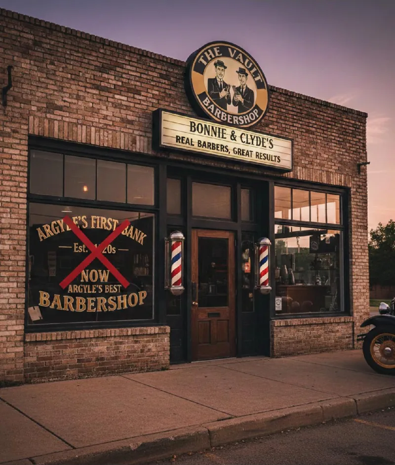 The historic old bank building on US-377 in Argyle, Texas, home of The Vault Barber Co.