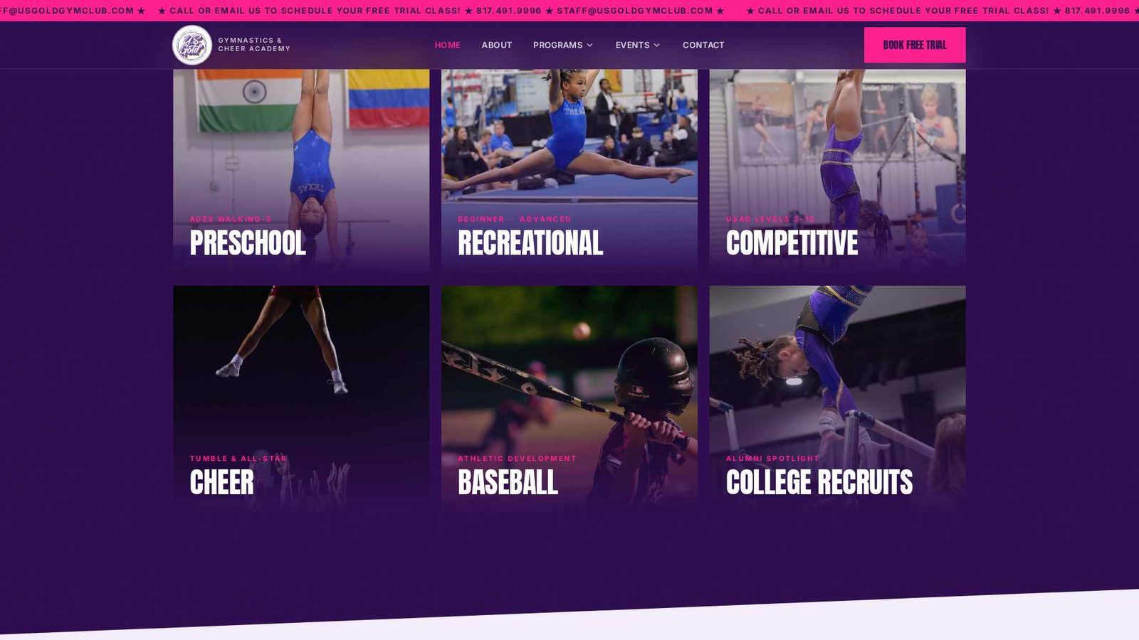 U.S. Gold program cards — preschool, recreational, competitive, cheer, baseball, college recruits